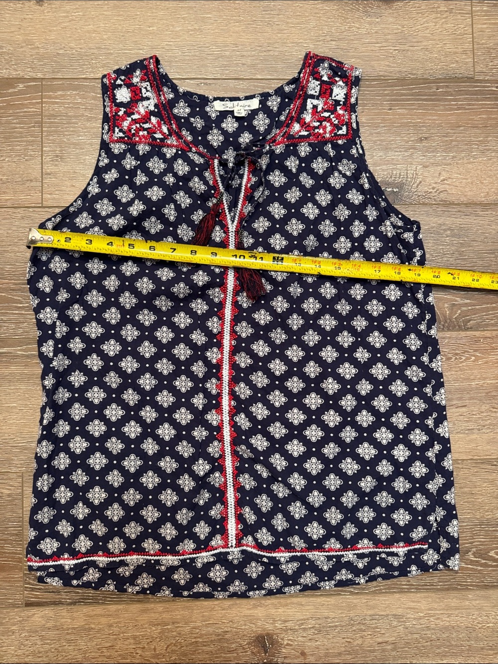 Solitaire Navy and White Printed Sleeveless Top with Red Accent - Picture 6 of 9